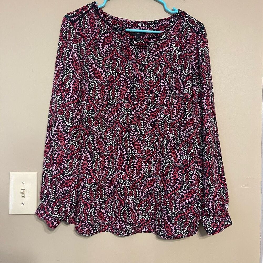 Talbots Womens Pink Black White Floral VNeck Blouse Petite Large LP